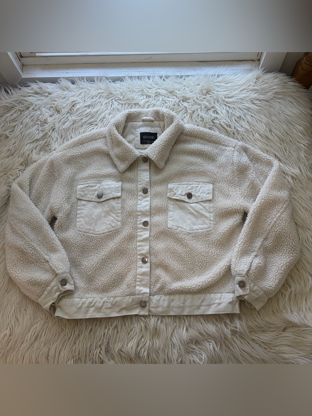 Stoosh White Faux Shearling Sherpa Fleece Trucker Jacket Women’s Size M